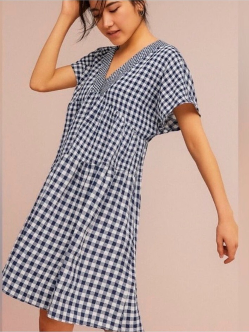 1.11 TYLHO FOR Anthropologie Navy and White Gingham V‑Neck Short Sleeve Dress
